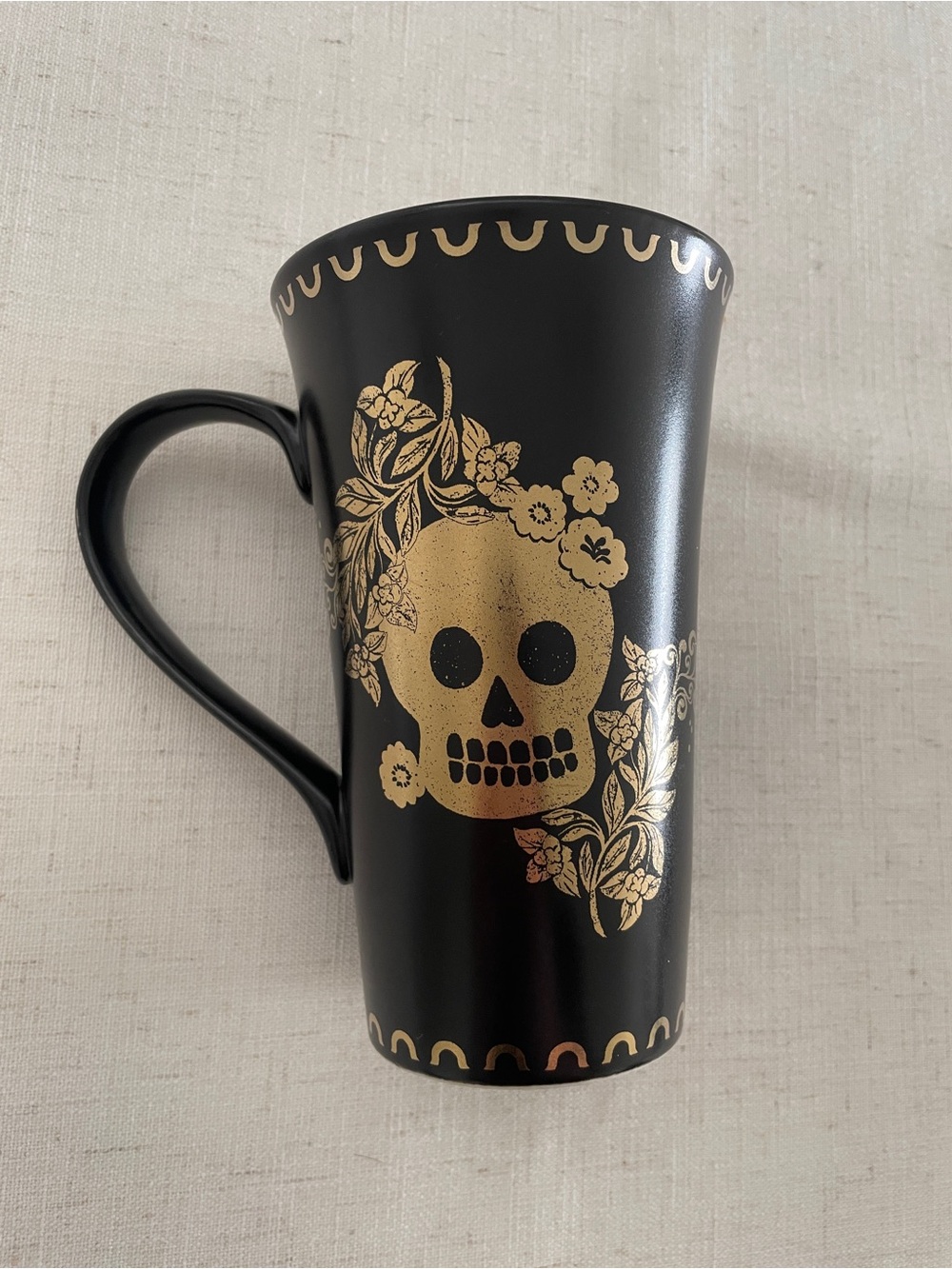 222 Fifth Black and Gold Floral Skull Ceramic Mug